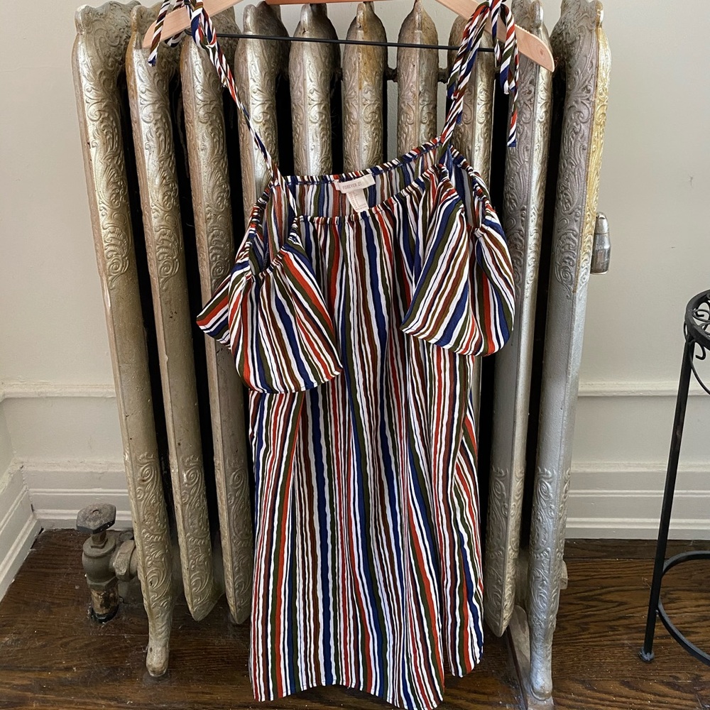 Multi-colored striped off shoulder dress